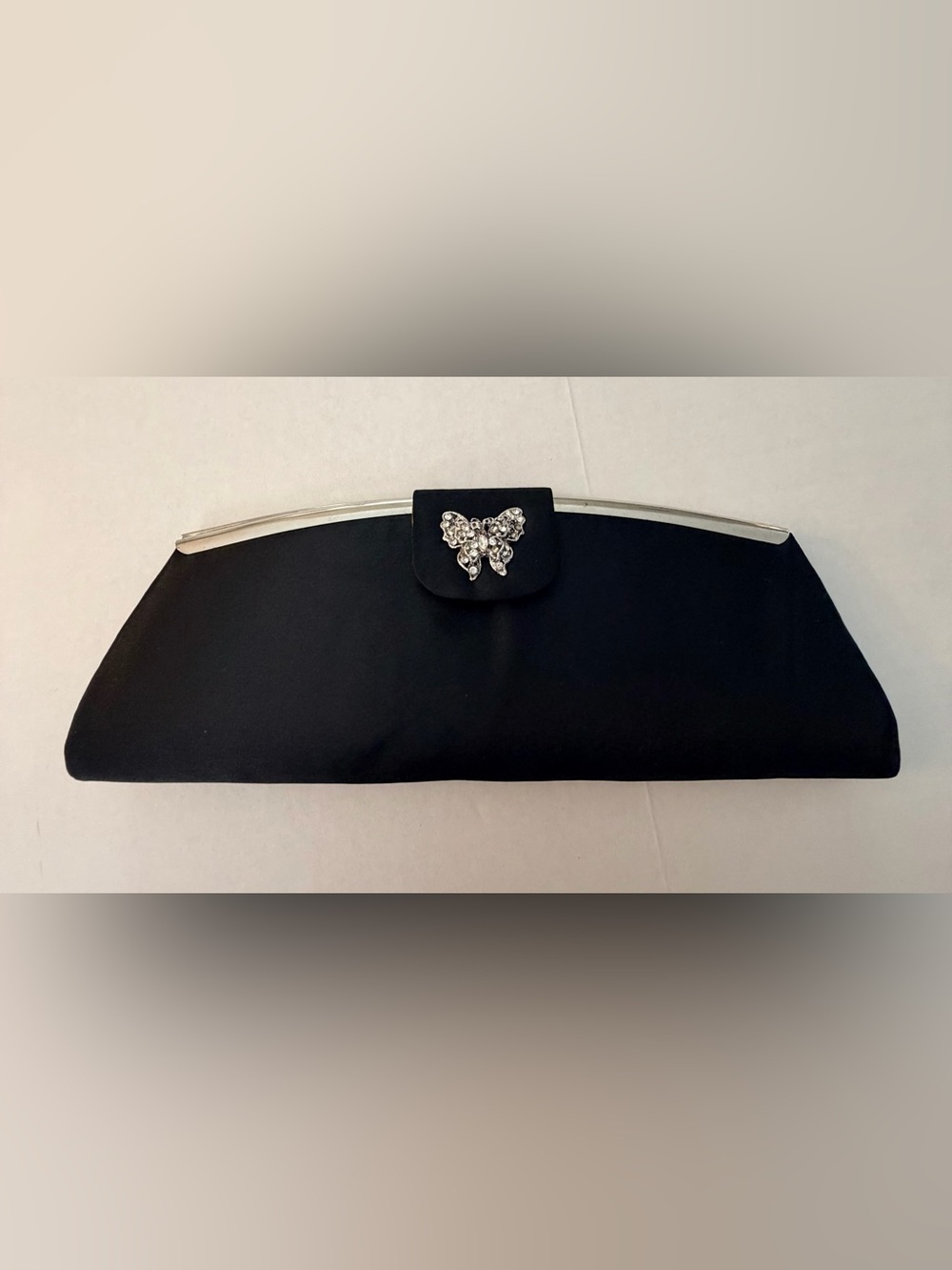 TOVA Beverly Hills Bling Rhinestone Butterfly Black Clutch Satin Evening Purse